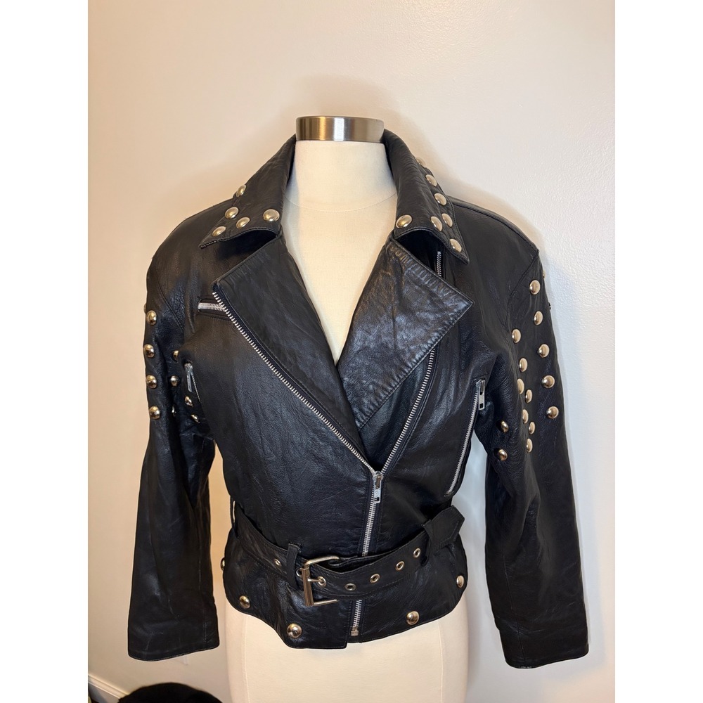 Niki Vintage 80's Black Leather Studded Moto Biker Jacket Belted Women M Rocker